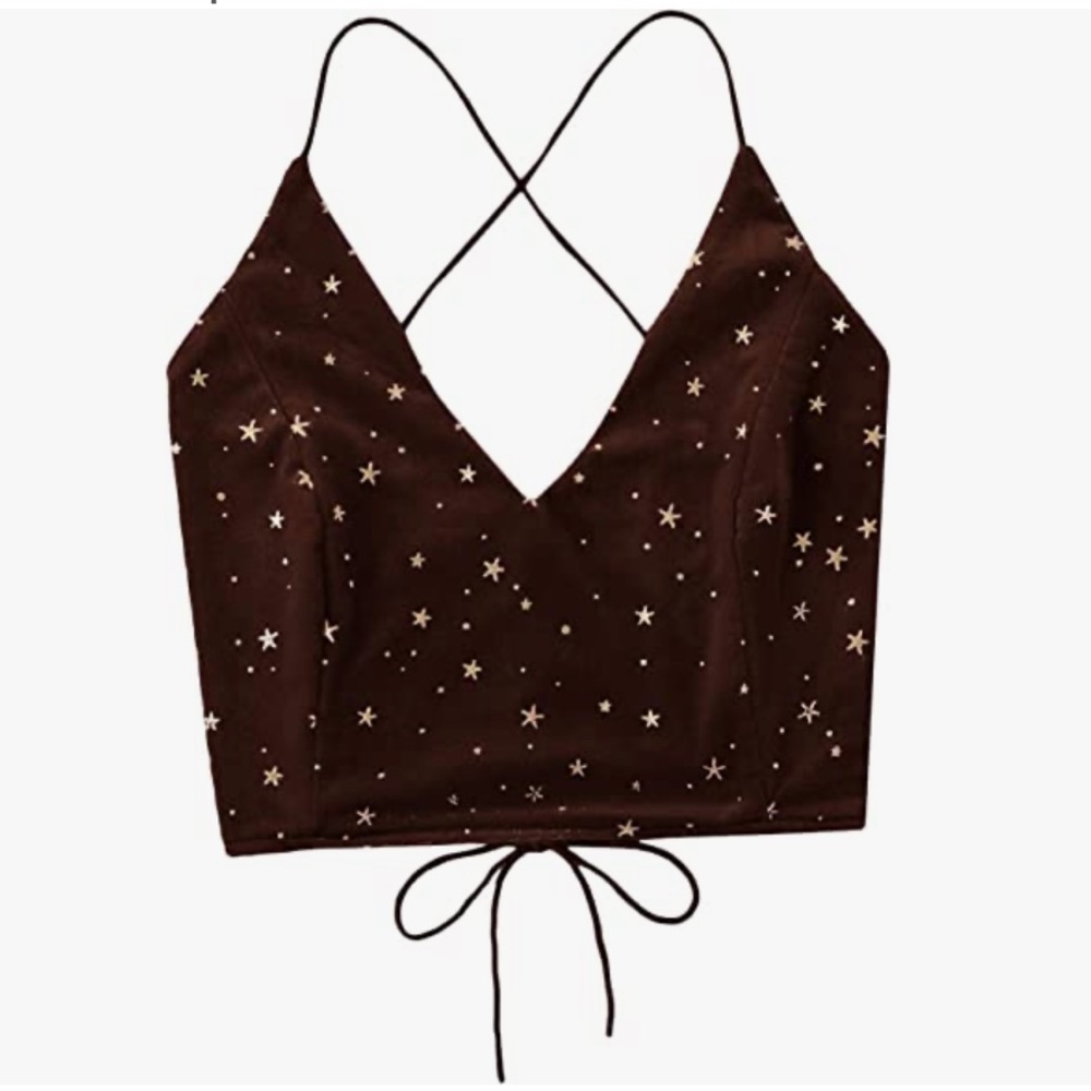 COPY - Velvet Galaxy Print Crisscross Back Spaghetti Strap Crop Cami Top Coffee…